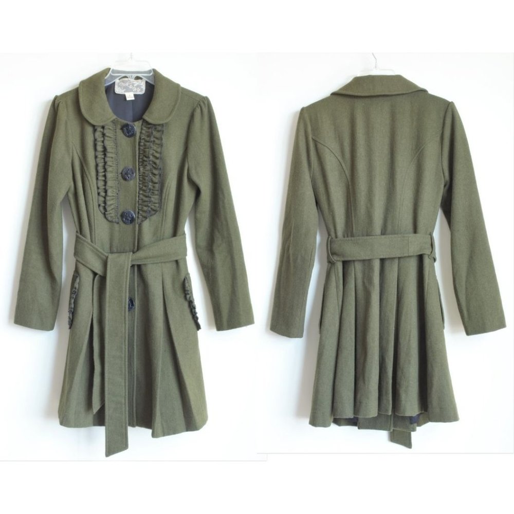 Nick and Mo, Olive Green trench coat, Size Small